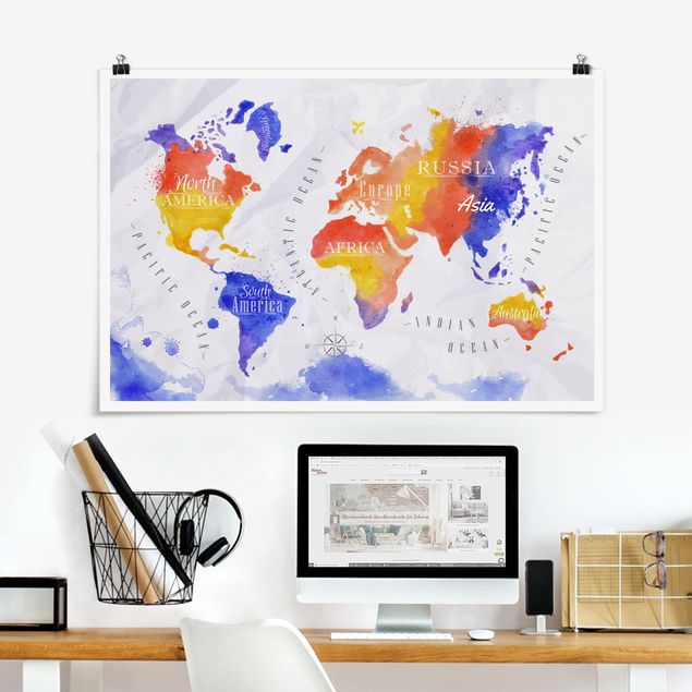 Quadri moderni per arredamento Mappa del mondo acquerello viola rosso giallo