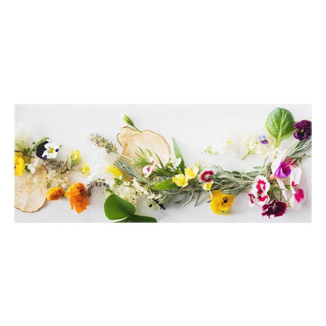 Paraspruzzi cucina Erbe fresche con fiori commestibili