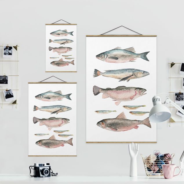 Foto su tessuto da parete con bastone - Seven Fish in acquerello I - Verticale 3:2