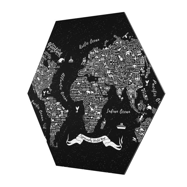 Quadri esagonali Tipografia - Mappa del mondo nero