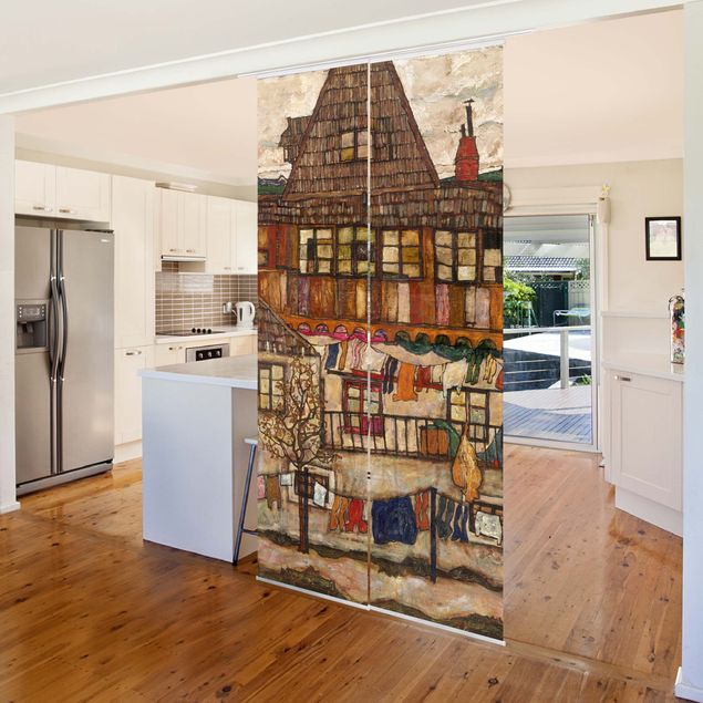 Riproduzioni quadri famosi Egon Schiele - Casa con biancheria ad asciugare