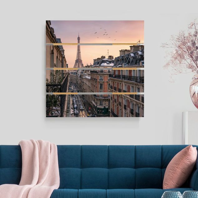 Quadri in legno con architettura e skylines La Torre Eiffel al tramonto