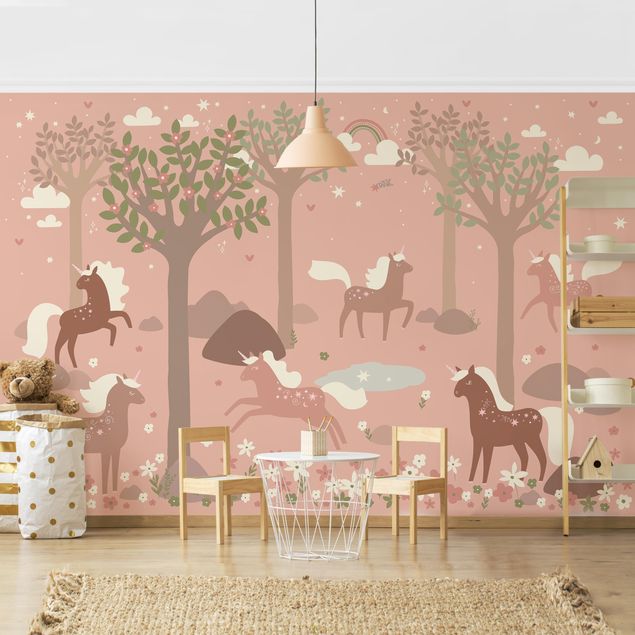 Decorazioni camera neonato Unicorni nella foresta rosa