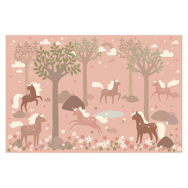 Carte da parati floreali Unicorni nella foresta rosa