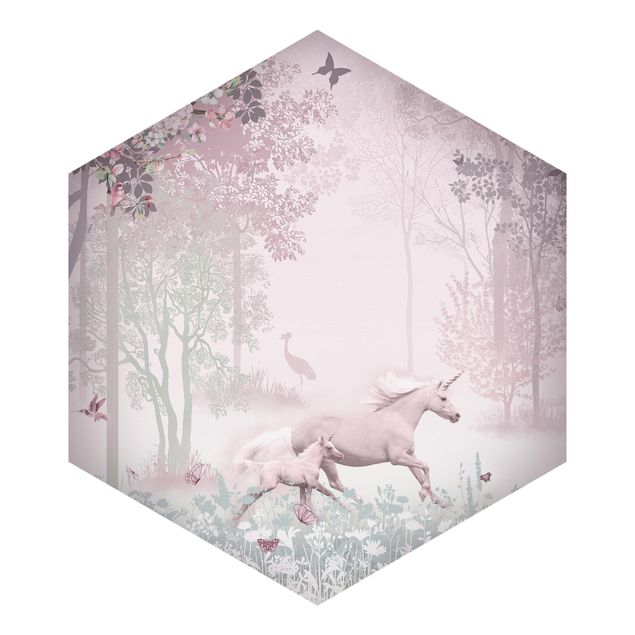 Carte da parati paesaggio Unicorno su prato fiorito in rosa