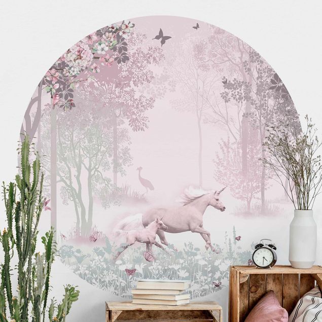 Carta parati adesiva Unicorno su prato fiorito in rosa