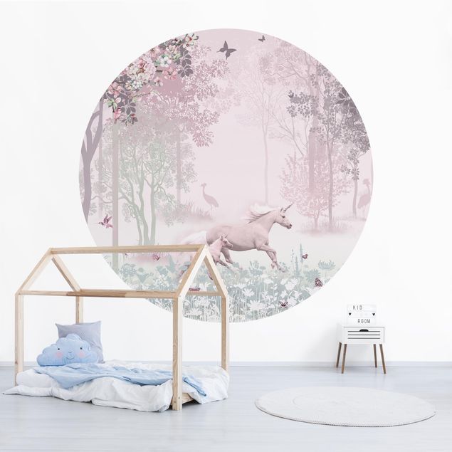 Carta parati foresta Unicorno su prato fiorito in rosa