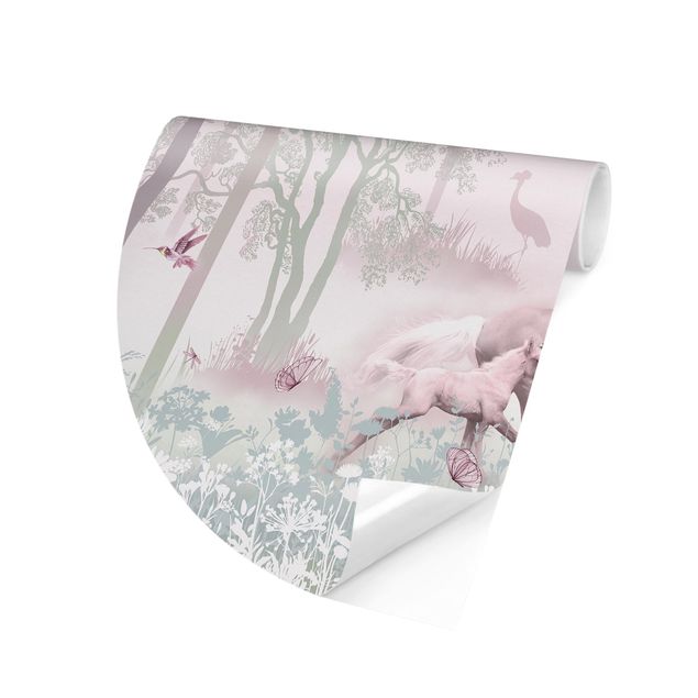 Carte da parati con farfalle Unicorno su prato fiorito in rosa