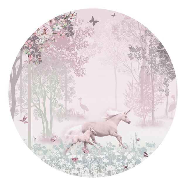 Carta da parati moderne Unicorno su prato fiorito in rosa