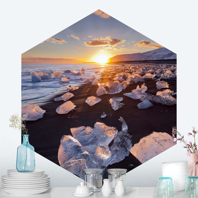 Carta da parati mare tramonto Pezzi di ghiaccio sulla spiaggia in Islanda
