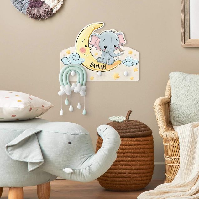 Appendiabiti pannello con animali Elefante Luna Con Nome Personalizzato