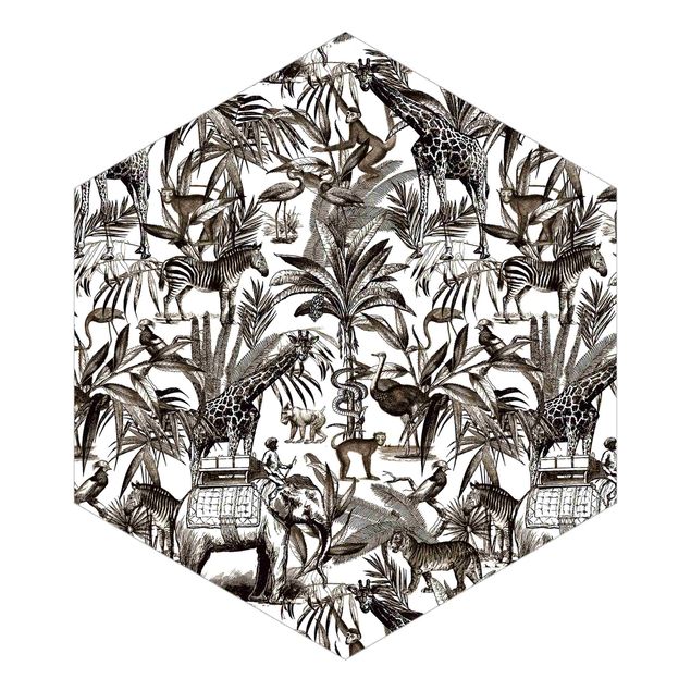 Carta da parati moderna Elefanti, giraffe, zebre e tigri in bianco e nero con sfumature marroni