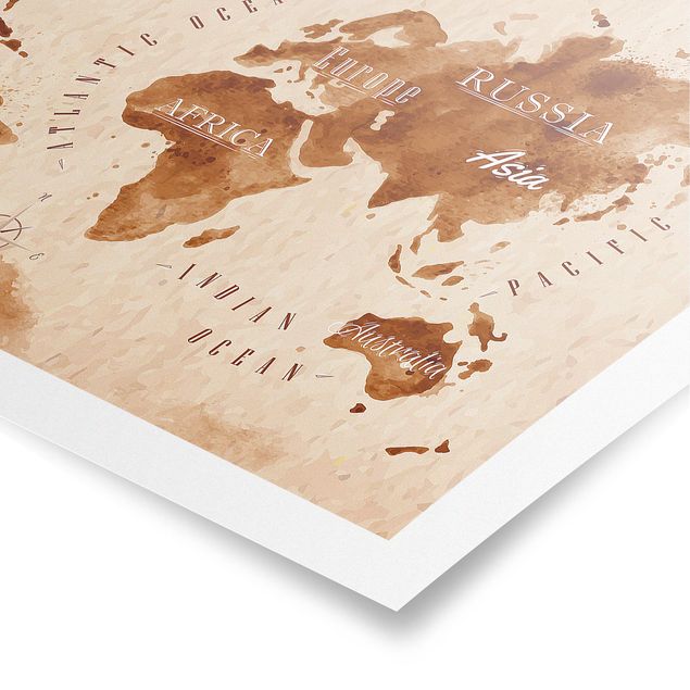 Quadri stampe Mappa del mondo Acquerello Beige Marrone