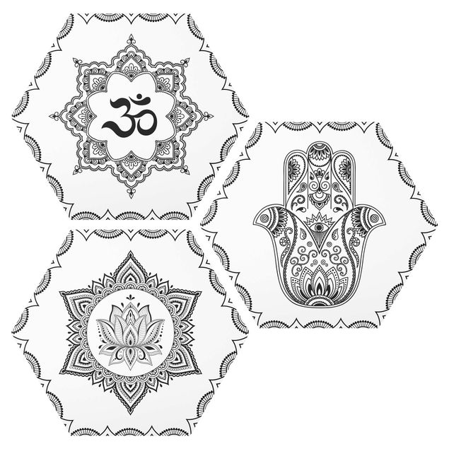 Esagono in Alluminio Dibond - Hamsa mano Lotus OM illustrazione Insieme Bianco e nero