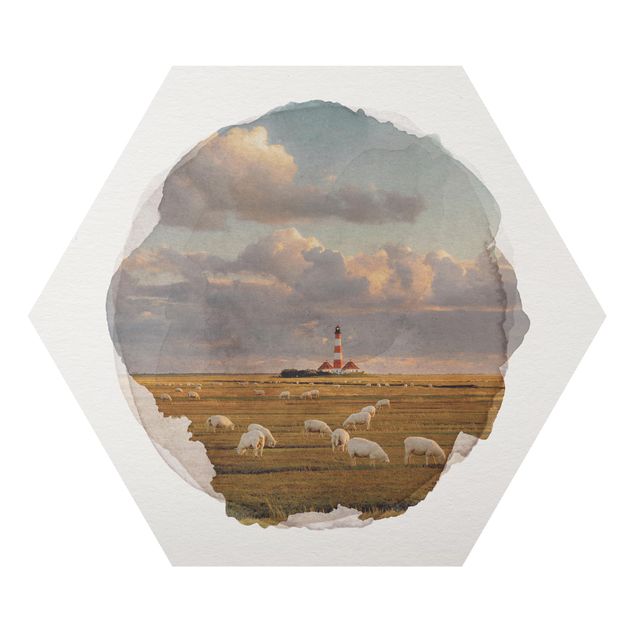 Quadro natura Acquerelli - Faro sul mare del Nord con branco di pecore