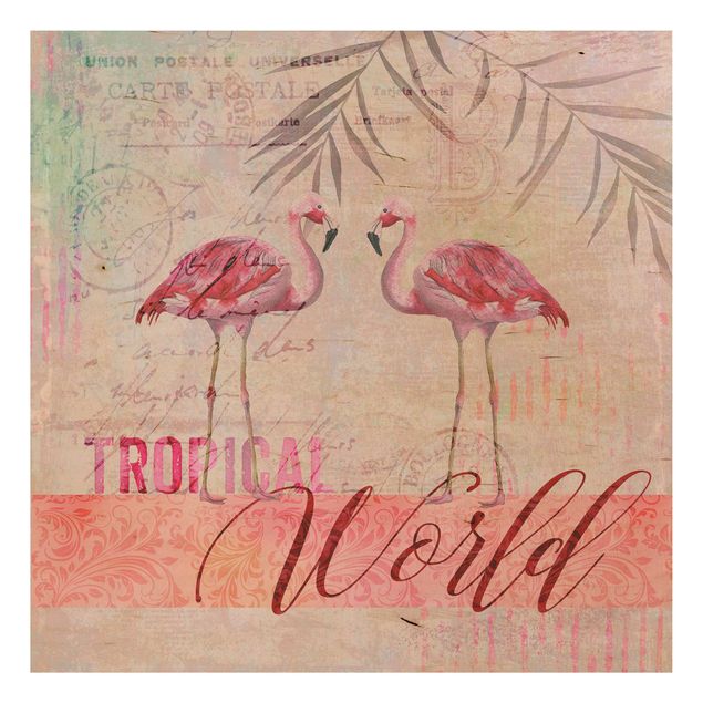 Quadri in legno con citazioni Collage vintage - Fenicotteri del mondo tropicale