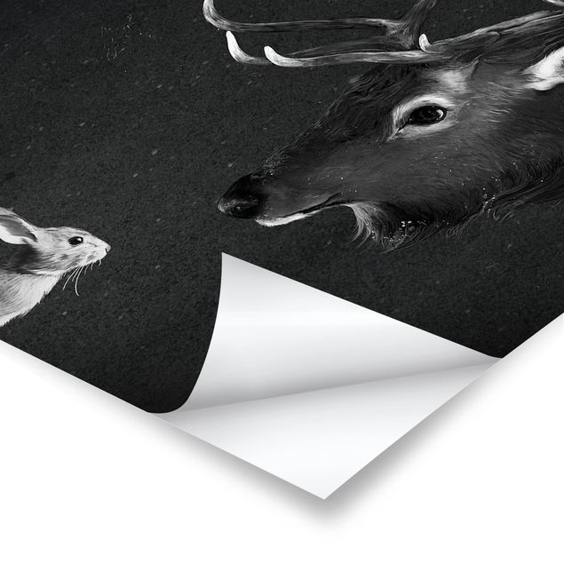 Poster bianco e nero Illustrazione - Cervo e Coniglio Disegno in bianco e nero