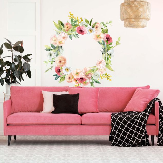 Autocolantes de parede rosas Corona di fiori rosa acquerello XXL