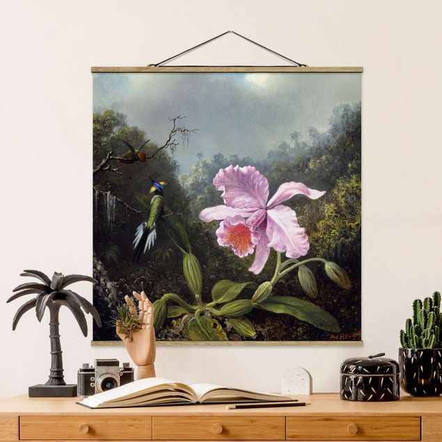Riproduzioni Martin Johnson Heade - Natura morta con un'orchidea e una coppia di colibrì