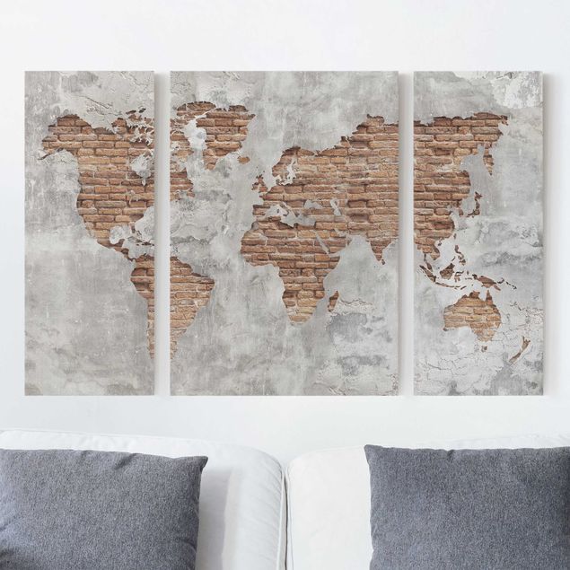Quadri moderni per arredamento Mappa del mondo in mattoni e cemento shabby