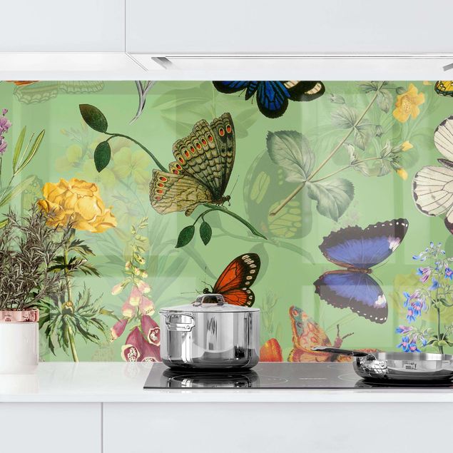 Rivestimenti per cucina con disegni Farfalle con fiori su verde
