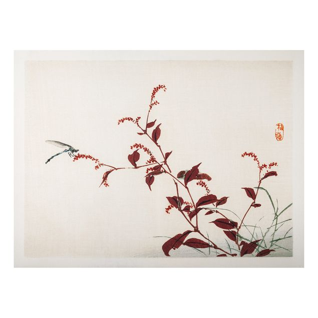 Quadri stile vintage Disegno vintage asiatico ramo rosso con libellula