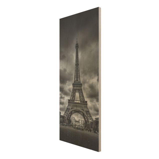 Stampe su legno Torre Eiffel davanti alle nuvole in bianco e nero