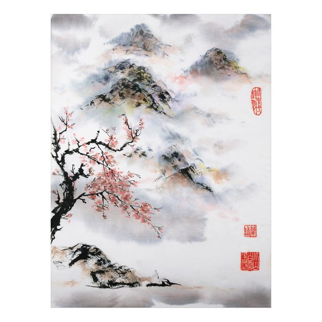 Quadri con alberi Disegno acquerello giapponese Ciliegio e montagne