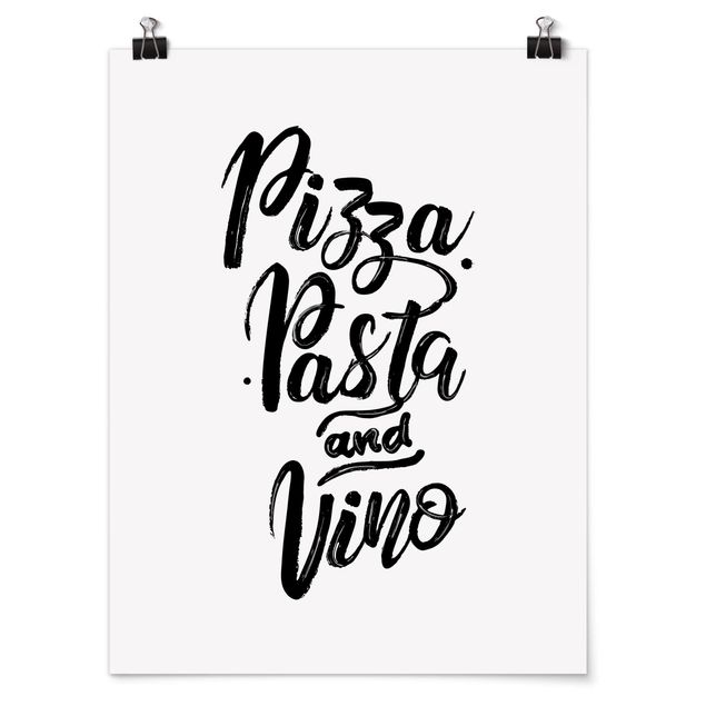 Poster bianco nero Pizza, pasta e vino