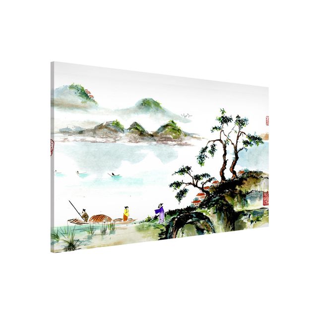 Quadri con paesaggio Disegno giapponese ad acquerello di lago e montagne