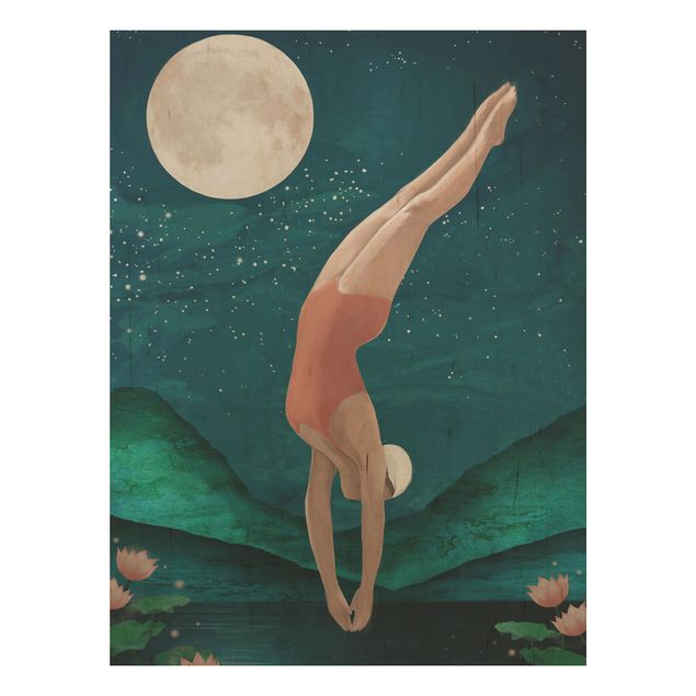 Quadri su legno Illustrazione - bagnante donna luna pittura