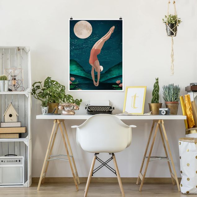 Poster dipinti famosi Illustrazione - bagnante donna luna pittura