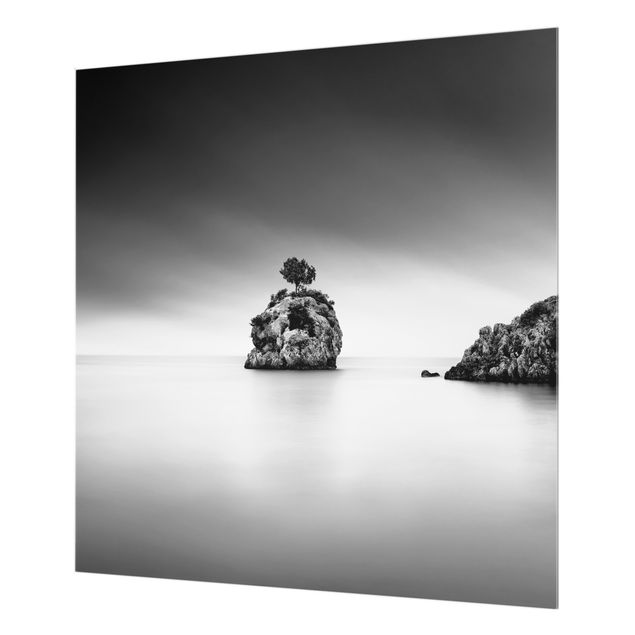 Paraschizzi in vetro - Isola rocciosa nel mare in bianco e nero - Quadrato 1:1