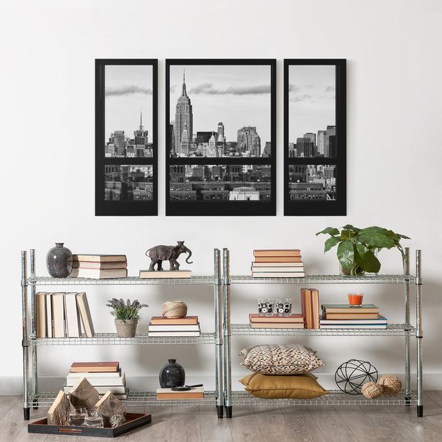 Quadri su tela componibili Finestre con vista sullo Skyline di New York in bianco e nero