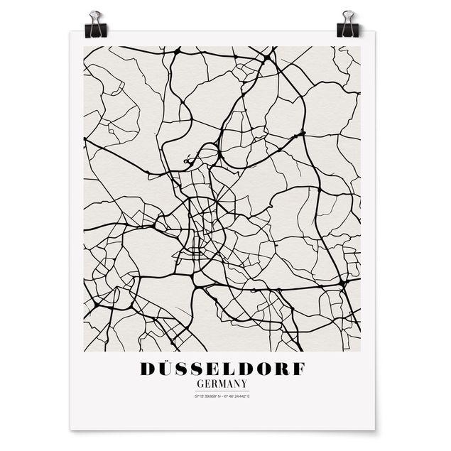Poster in bianco e nero Mappa di Dusseldorf - Classica