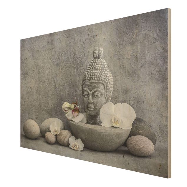 Quadri su legno Buddha Zen, orchidea e pietra