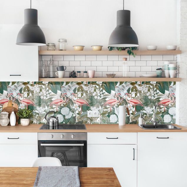 Rivestimenti per cucina con disegni Fenicotteri rosa con foglie e fiori bianchi II