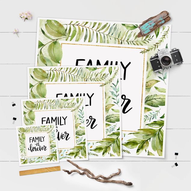 Poster - Famiy Is Forever In Golden cornice con fronde di palma