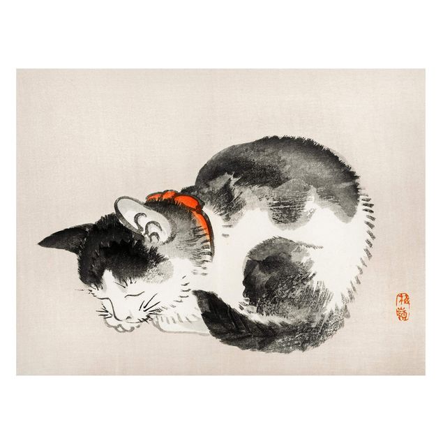 Quadri bianco e nero Disegno vintage asiatico gatto addormentato