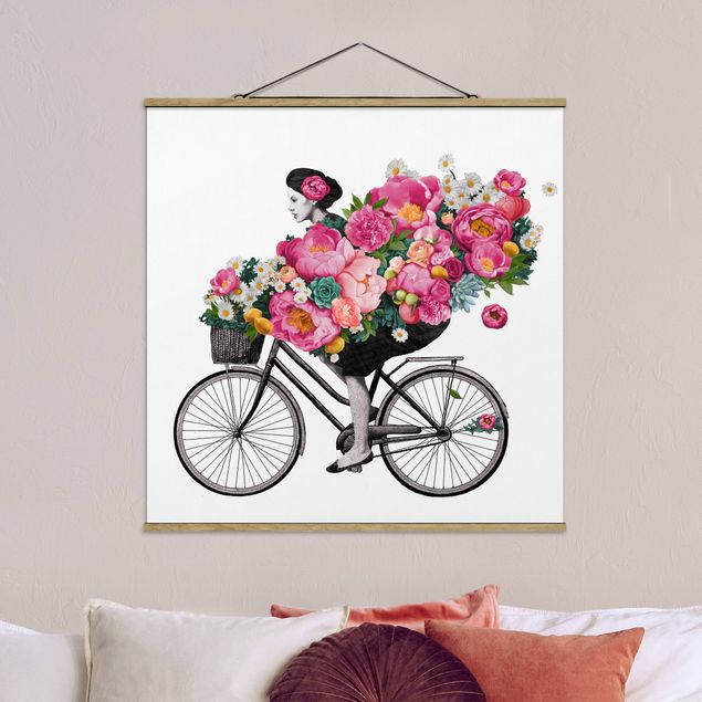 Quadri moderni   Illustrazione - Donna in bicicletta - Collage di fiori colorati