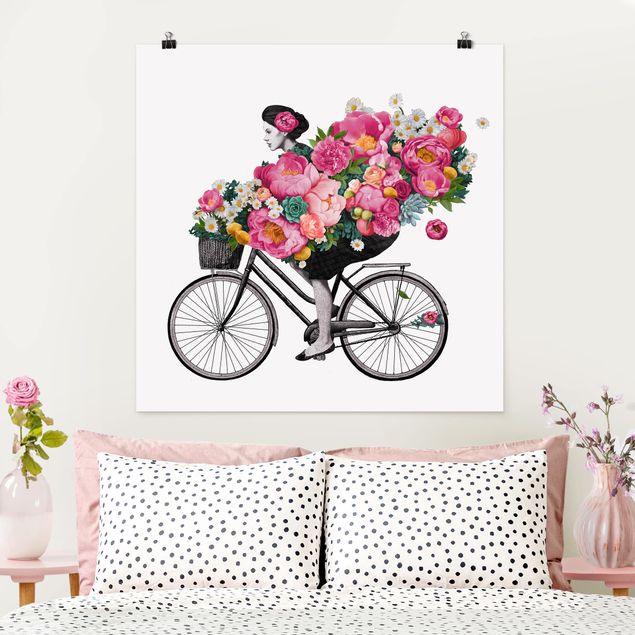 Quadri moderni per arredamento Illustrazione - Donna in bicicletta - Collage di fiori colorati