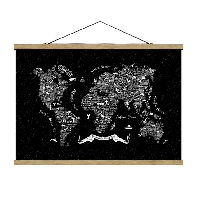Quadri sfondo nero Tipografia - Mappa del mondo nero