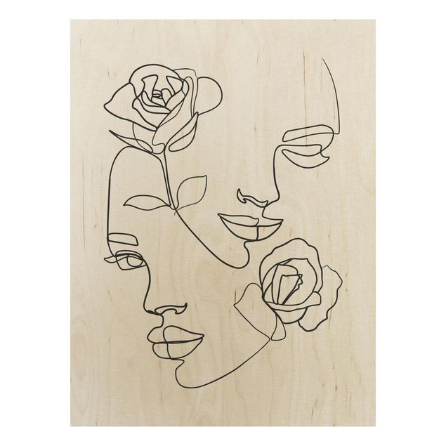 Quadri in legno con fiori Line Art - Volti di donna Rose Bianco e Nero