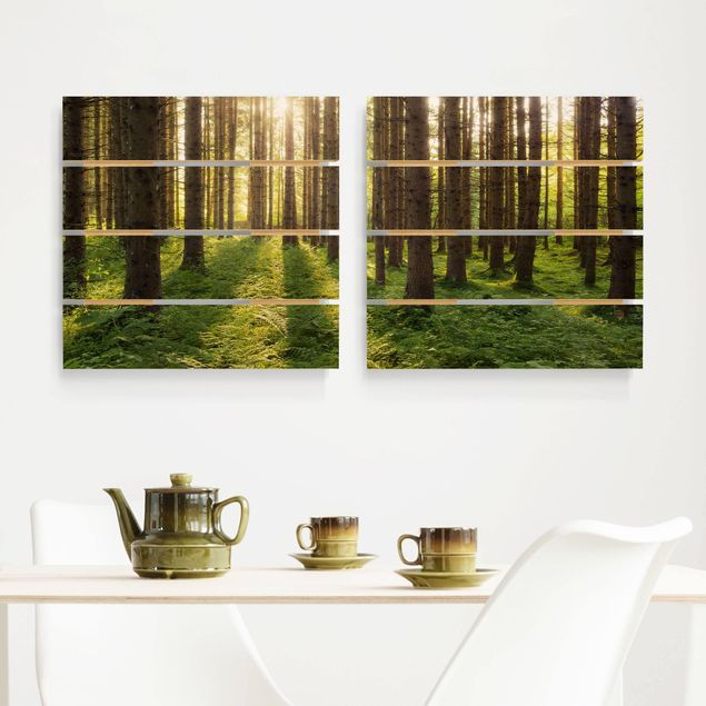 Quadri in legno con paesaggio Raggi di sole nella foresta verde