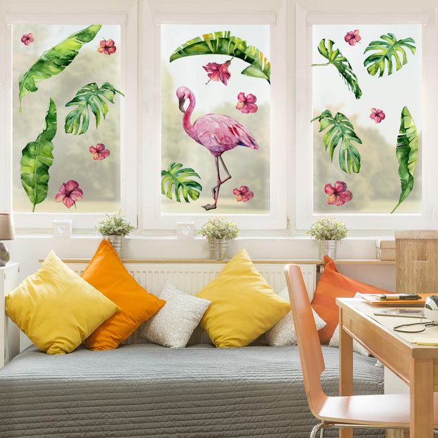 Pellicola autoadesiva per vetri Set di foglie botaniche Jungle Flamingo