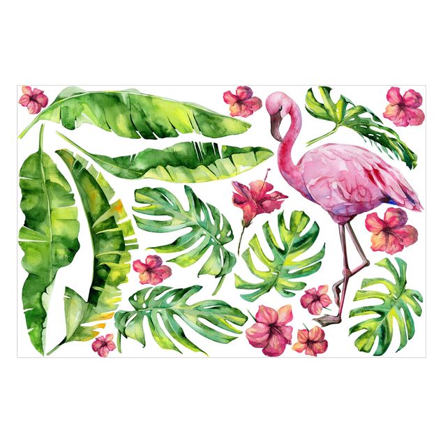 Pellicola colorata per vetri Set di foglie botaniche Jungle Flamingo
