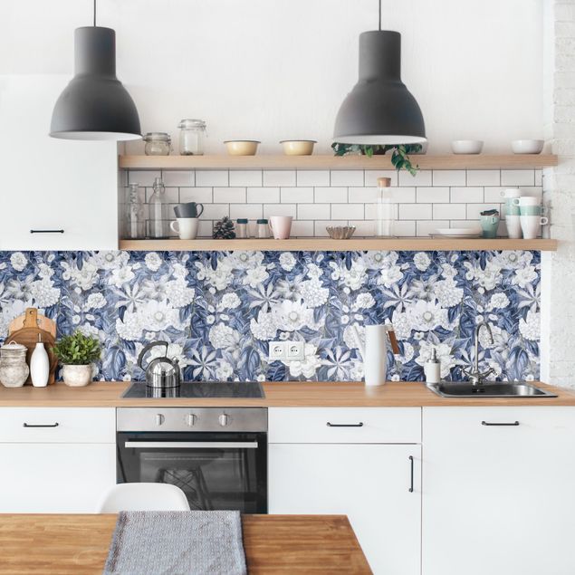 Rivestimento cucina con disegni Fiori bianchi davanti al blu II
