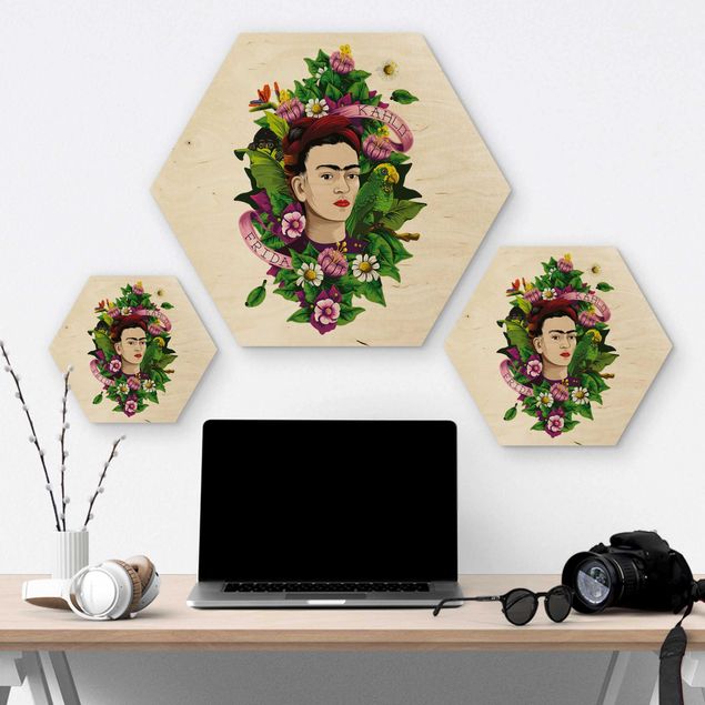 Esagono in legno - Frida Kahlo - Frida, scimmia e pappagallo