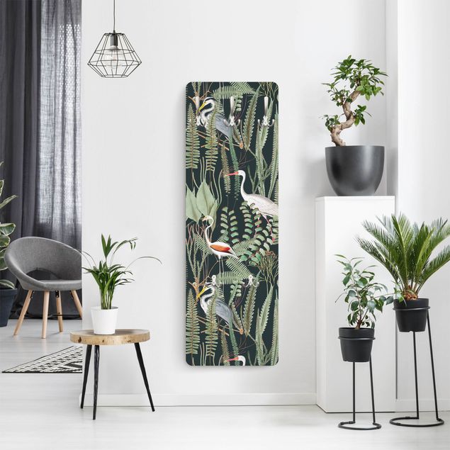Appendiabiti pannello con disegni Fenicotteri e cicogne con piante su sfondo verde