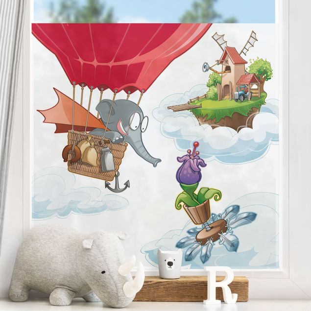 Adesivi per finestre con animali Fattoria volante con elefante tra le nuvole